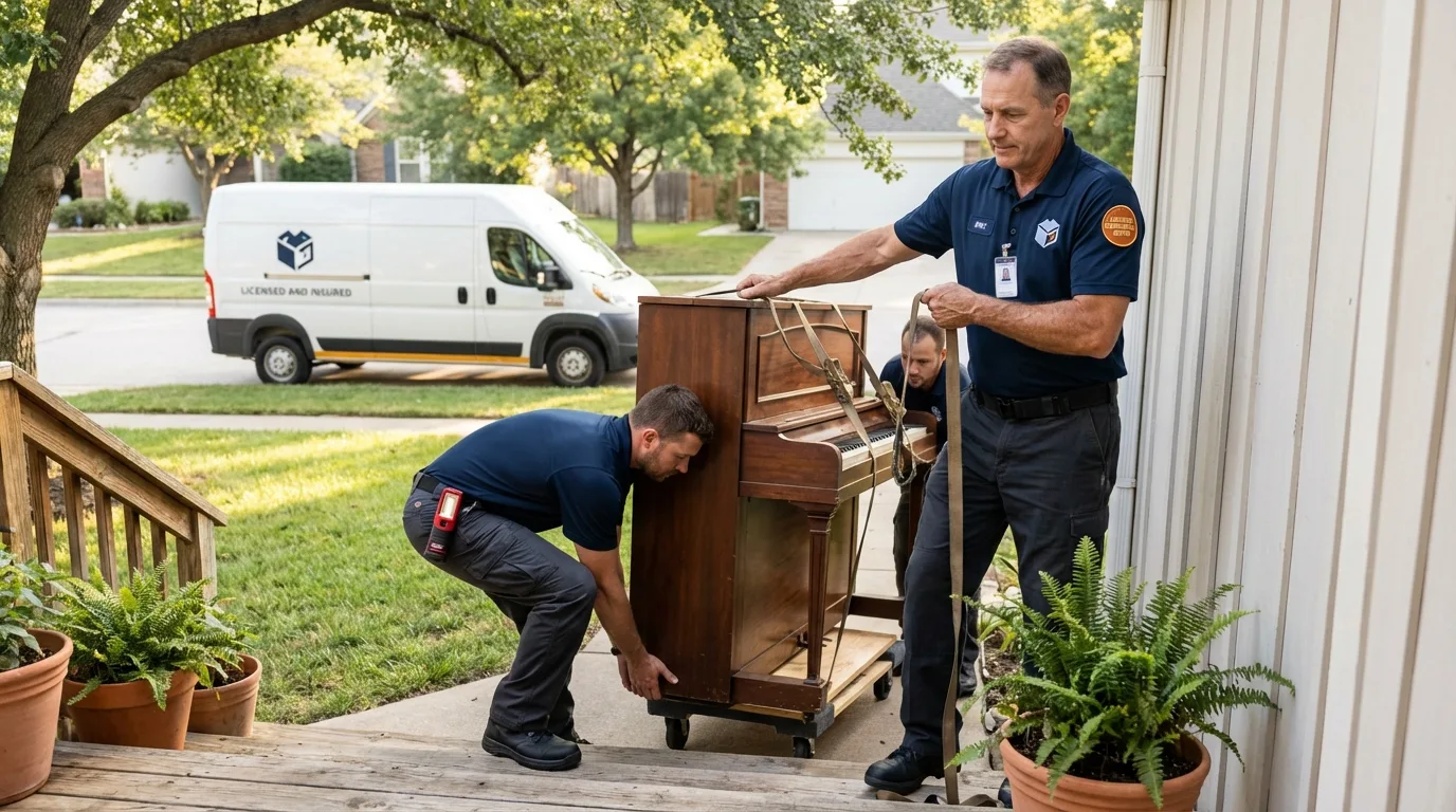 Licensed piano movers securing grand piano in Hartford, KY