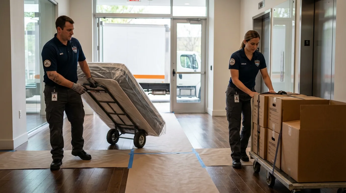 Professional apartment movers loading elevator in Hartford, KY
